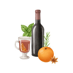 Watercolor christmas illustration with glint wine. Hand painted wine glass with glint wine,...