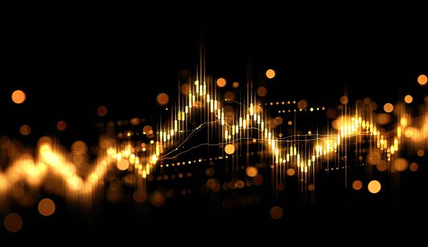 Golden financial chart on a black background.  Abstract glowing lines and points form a stylized stock chart against a deep black backdrop.  Bokeh effect with golden highlights