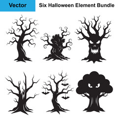 Halloween Haunted Tree Silhouette Bundle Six Vector Elements