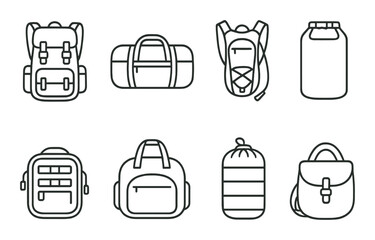 Various types of backpacks and bags icons set on a grey background