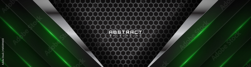 Poster 3d black techno abstract background overlap layer on dark space with glowing green lights effect dec