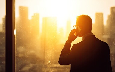 Fototapeta na wymiar Silhouette of businessman talking on phone, city sunset view
