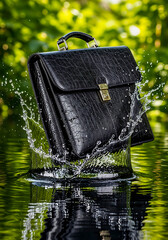 Black Leather Briefcase Splashing in Water with Green Foliage Background