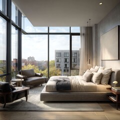 Condo bedroom with floor-to-ceiling windows and soft lighting