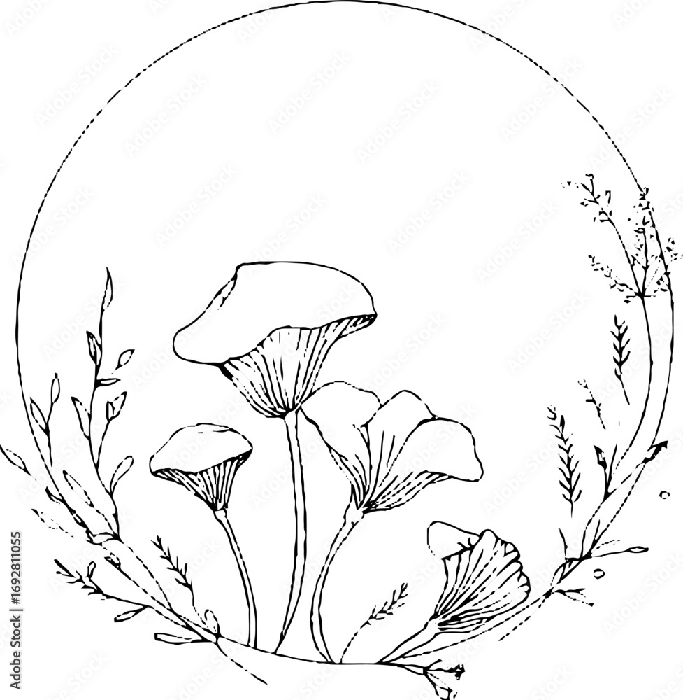 Poster minimalist line art border featuring mushrooms and botanical elements for elegant design