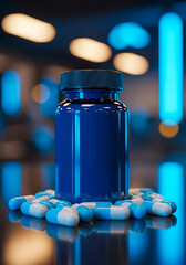 Blue pill bottle surrounded by capsules container black lid