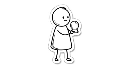 Fototapeta premium Simple Stick Figure Holding Crystal Ball, Predicting Future, Isolated on White.