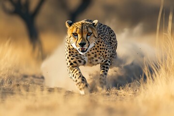 Fototapeta premium Cheetah running fast wildlife animal predator big cat speed african savanna nature conservation wild animal