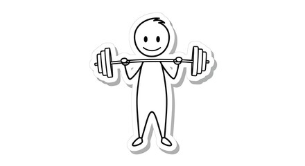 Simple Stick Figure Lifting Barbell, Smiling, White Background, Fitness Concept.