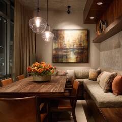 Condo dining area with built-in bench and warm lighting
