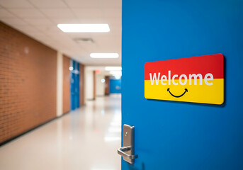 Bright Blue Doorway With Welcome Sign In School Hallway