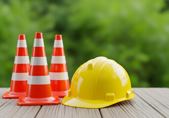 Construction safety equipment on a wooden surface hard hat