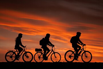 Silhouettes of three cyclists at sunset