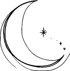 Minimalist line art illustration of a crescent moon with stars for aesthetic design and decor