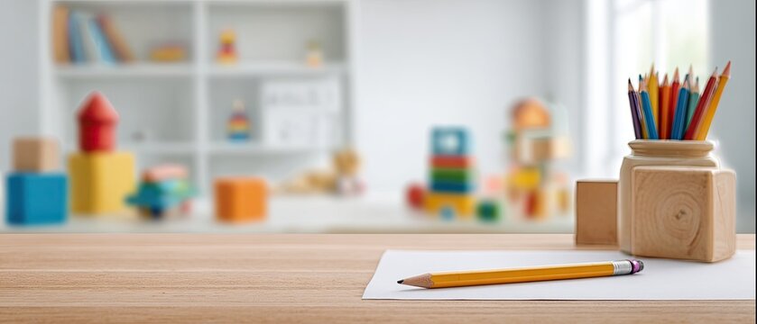 Wooden blocks and colorful pencils on a table, out-of-focus children's playroom in the background