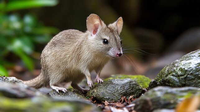 Portrait of a long nosed potoroo rat kangaroo standing on rocks in natural habitat wildlife photography