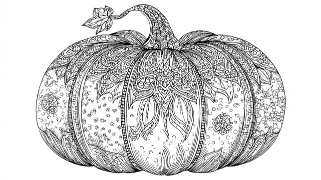 Ornate, patterned pumpkin artwork with detailed designs in monochrome on white
