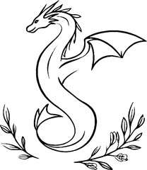 Minimalist dragon line art illustration with botanical accents for tattoo design