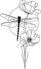 Elegant minimalist dragonfly and floral line art for tattoo or design