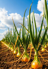 Field of Growing Onions Under a Blue Sky agriculture