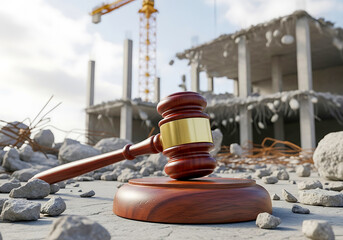 Gavel on Rubble at Demolished Building Construction Site