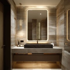 Contemporary condo bathroom with backlit mirror and stone tiles
