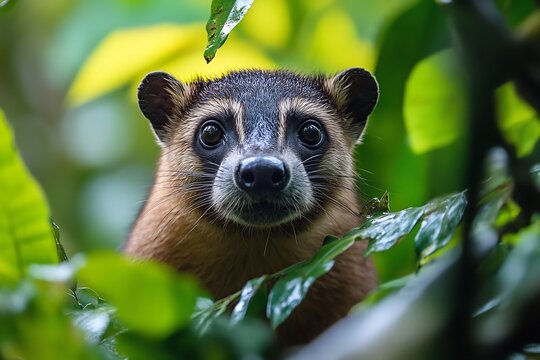Bushy tailed olingo portrait in the rainforest canopy wildlife animal cute mammal nature exotic animal