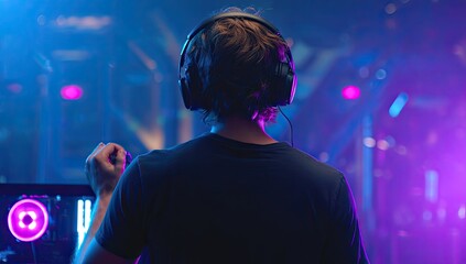DJ in headphones, back view, performing in a vibrant club