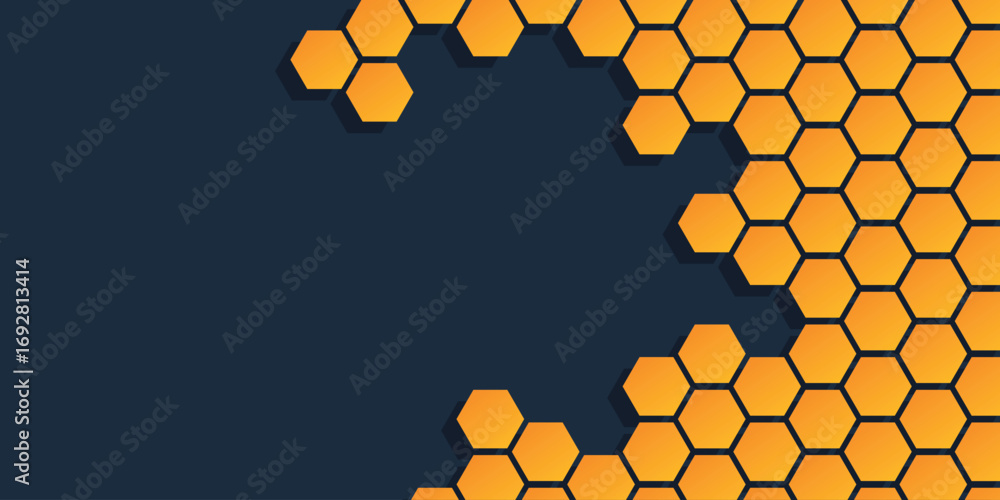 Poster geometric honeycomb background shapes. orange gradient on dark blue backdrop. hexagonal seamless pat
