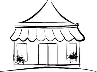 Minimalist line art illustration of a charming storefront with bohemian elements for design