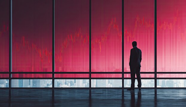 Silhouette of a businessman looking out a large window at a dramatic, red-toned cityscape with declining stock market graphs - Powered by Adobe