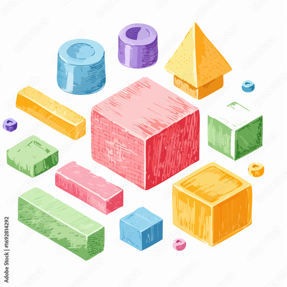 Poster funky abstract isometric geometric shapes and forms. crayon drawn playful 3d figures. set of isometr