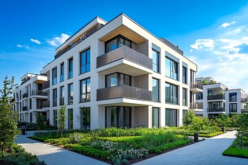 Modern luxury apartment building with lush green landscaping