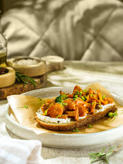 bruschetta with cottage cheese and chanterelles