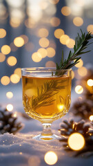 Festive Winter Cocktail with Rosemary Garnish – Holiday Drink in Snowy Setting