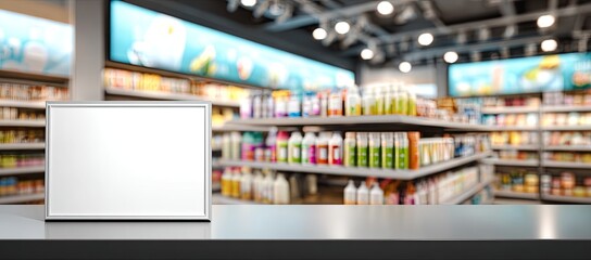 Blank promotional display in a pharmacy.  Blurred background showcases shelves filled with various health and beauty products.  A light gray countertop sits below the display