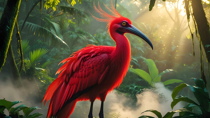 Exotic Red Bird in Lush Jungle – Vibrant Tropical Wildlife Scene