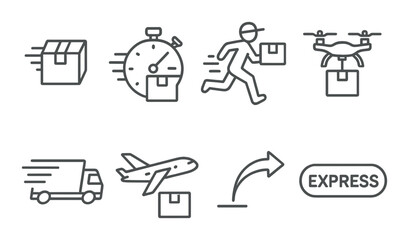 Fast delivery icons including truck plane drone running person timer and express sign