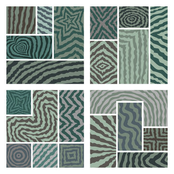 Set of abstract geometric tile patterns with hypnotic optical illusion effect.
Modern textures in green tones, perfect for wallpapers, textiles, wrapping, and digital design.