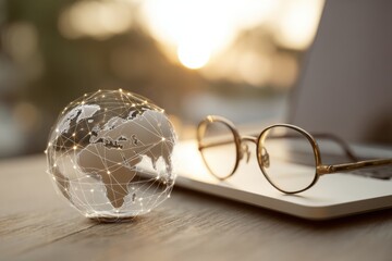A transparent globe with a network overlay, resting on a wooden surface, beside eyeglasses and a laptop