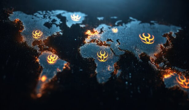 Global pandemic map, illuminated with biohazard symbols