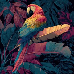 Obraz premium Vibrant Parrot Perched Amidst Lush Tropical Jungle Foliage with Colorful Feather Details in a Lively and Exotic Setting