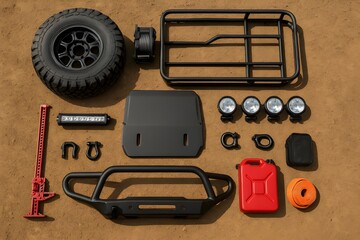 Off-road recovery gear and accessories including a tire, winch, shovel, and light bar on a sandy background.