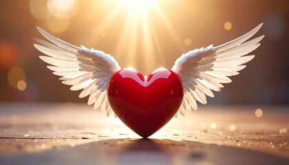 Glossy red heart with white angel wings floating in radiant light, surrounded by soft bokeh, evoking themes of love, purity, and spiritual elevation.