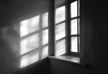 Sunlight casts sharp shadows on a room's wall beside a window
