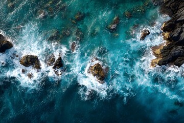 Drone shot of rocky shoreline with waves crashing against clear turquoise ocean revealing underwater textures and coral.
