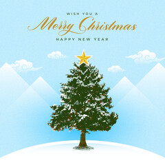 Merry Christmas and Happy New Year. Vector illustrations for greeting card, party invitation card, website banner, social media banner, marketing material. Christmas Tree, Santa Claus, Star, Text