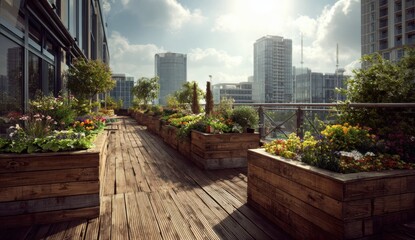 Fototapeta premium Urban rooftop garden walkway under a sunny sky