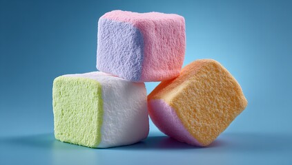 Close-up of colorful marshmallows on blue background, pile of pastel candy sugar cubes in soft focus, sweet dessert concept