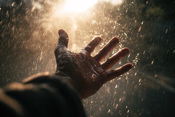 A hand reaching towards a sunlit shower of rain